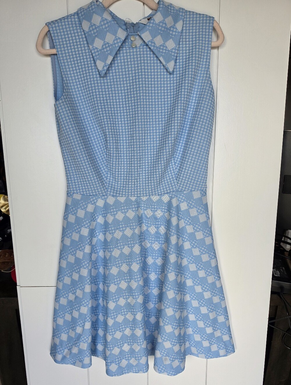 VTG Montgomery Ward Summer Dress L Baby Blue White Checkered A Line 70s